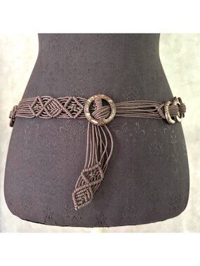 Macrame Woven Cord Rope Belt Brown Coconut Shell Rings Boho Ren Faire 30-36”